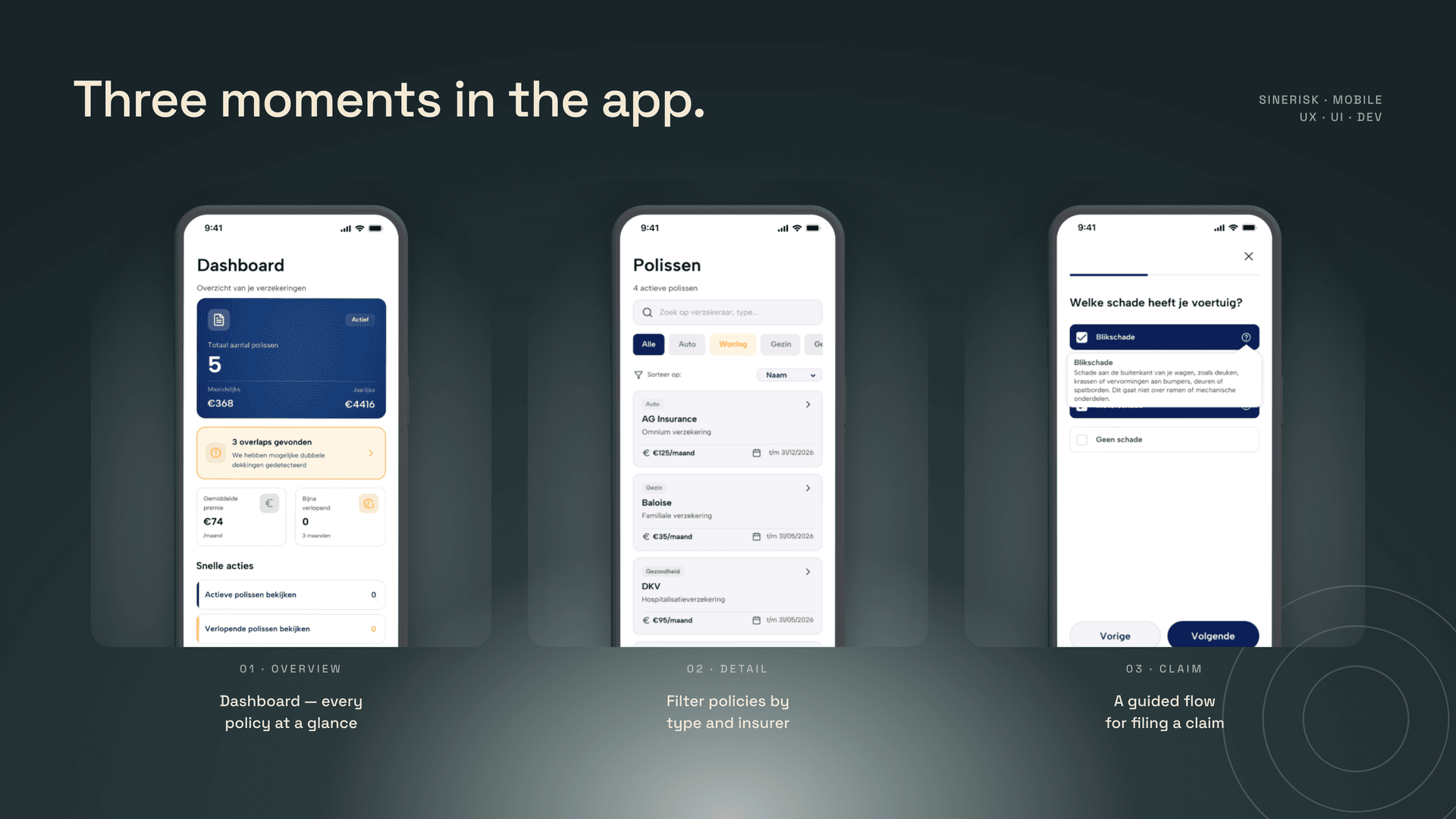 Three moments in the Sinerisk app on a dark background: dashboard overview, policy filter, and guided claim flow shown side by side