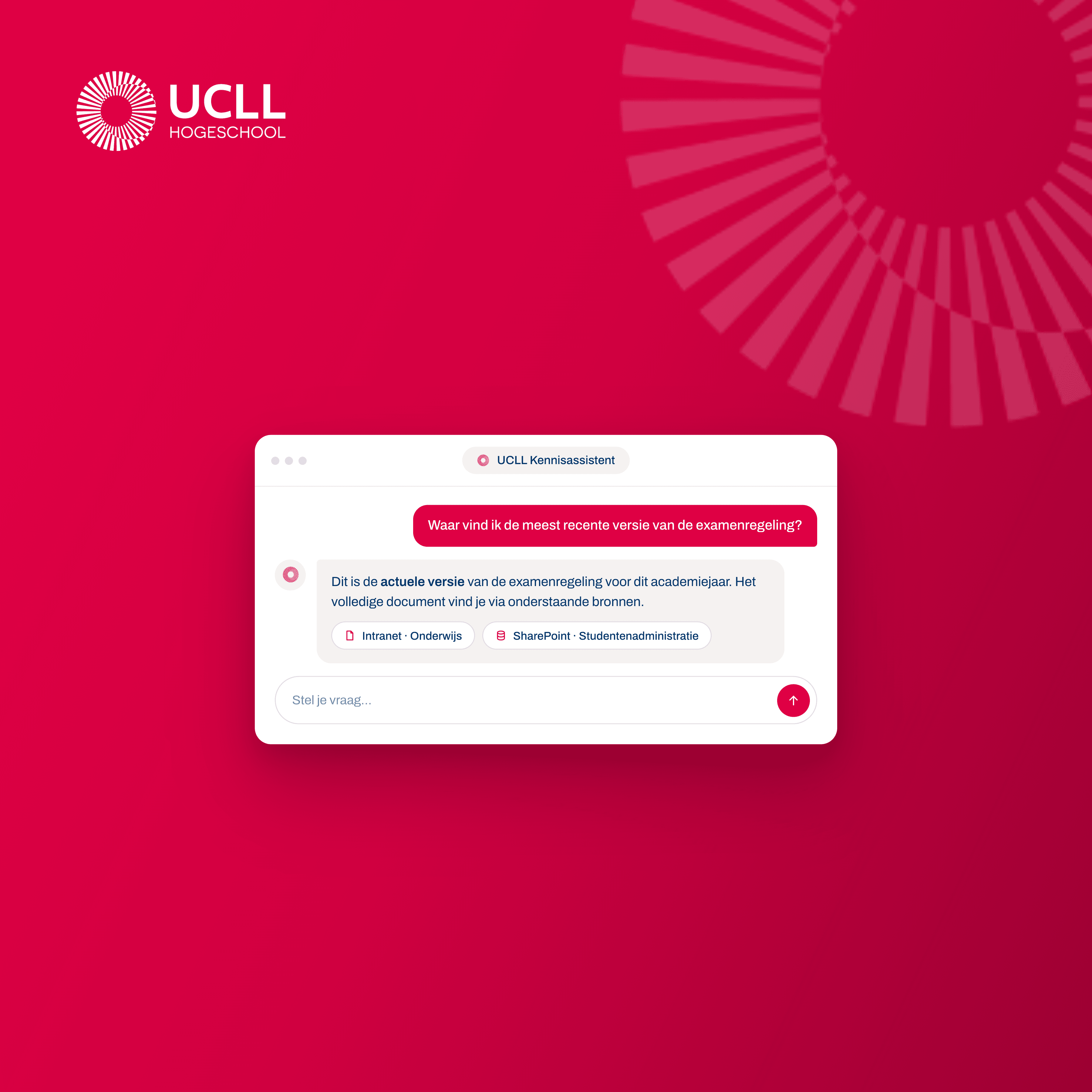 Concept visual: knowledge assistant chat answering where to find the current examination regulation