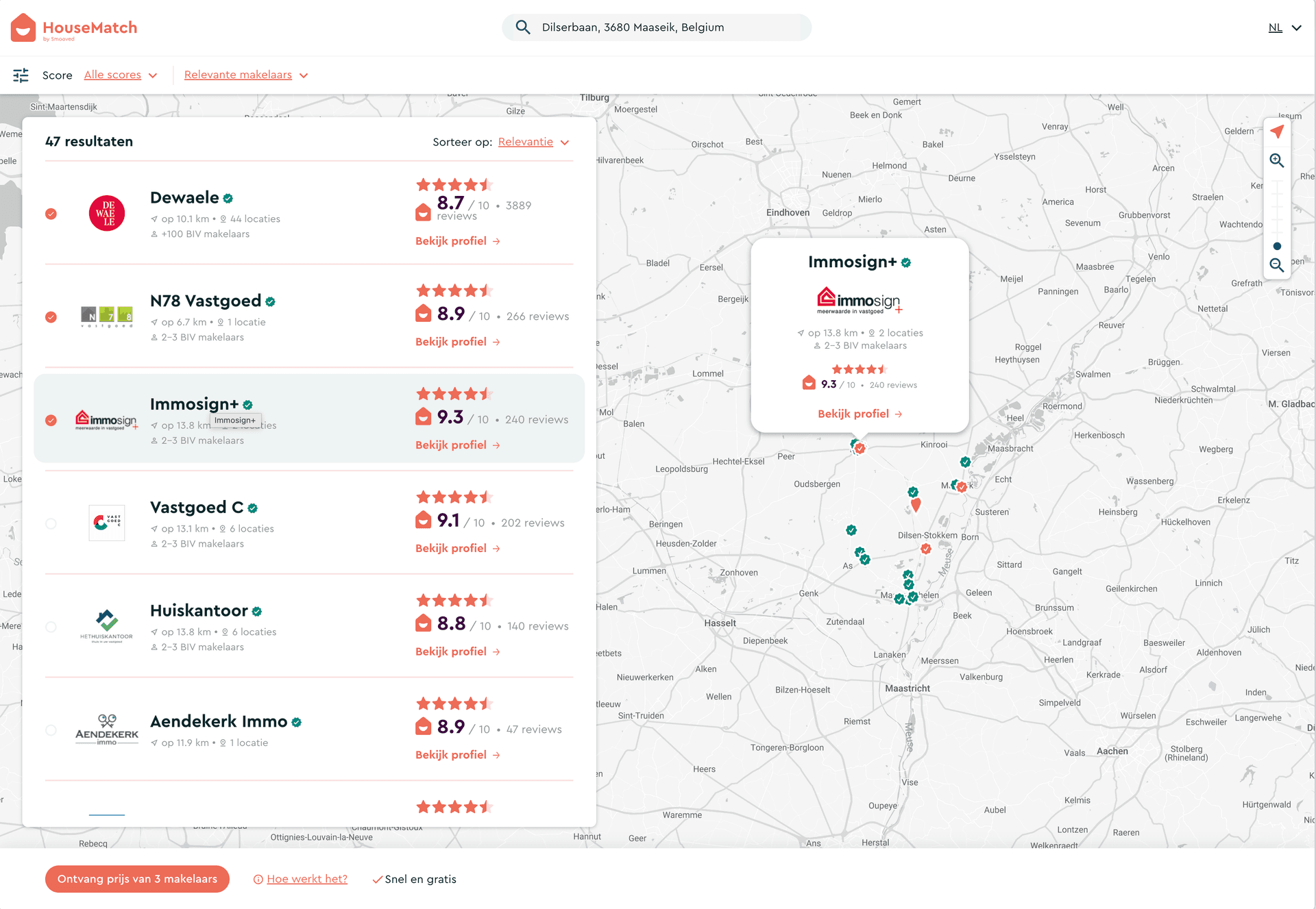 Housematch screenshot of map with potential brokers listed