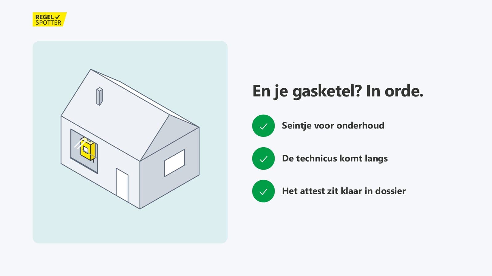 Illustration of a house with a gas boiler: a maintenance reminder, the technician's visit and the certificate in the file